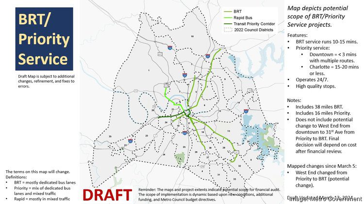 A draft map, as of March 13, depicting where bus rapid transit lines and 