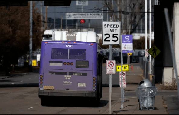 A WeGo Public Transit bus heads north on S. 1st Street near Nissan Stadium in Nashville, Tenn. on Tuesday, Dec. 5, 2023 | Denny Simmons/The Tennessean